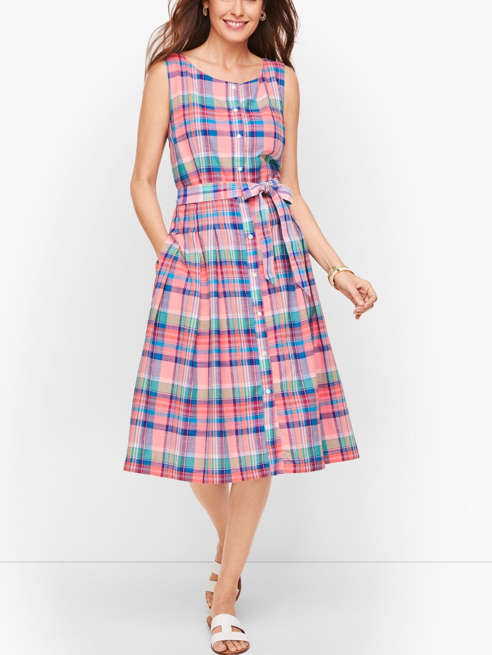 Talbots Pink Plaid Sleeveless Button-Front Midi Dress with Tie Waist size 8 NWT